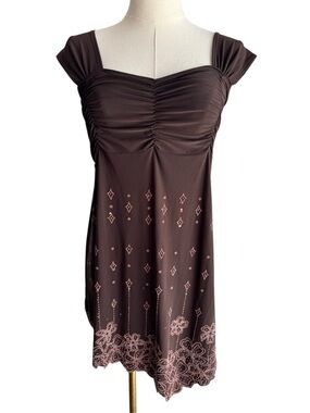 Vintage Y2K Beaded Babydoll Top Sz M Brown Fairy Tunic Boho Tank Whimsical USA